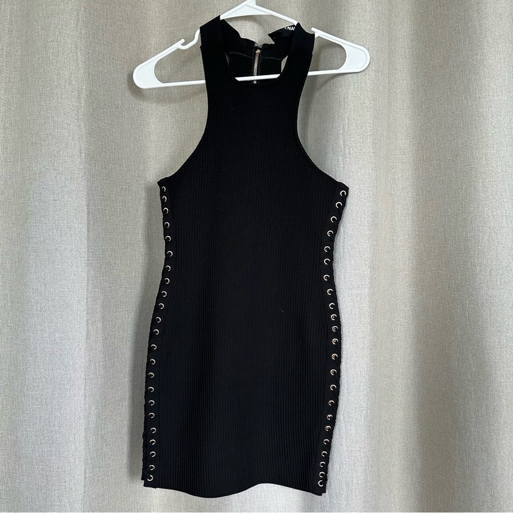 NBD Black Lace-Up Ribbed Mini Dress - Picture 2 of 13